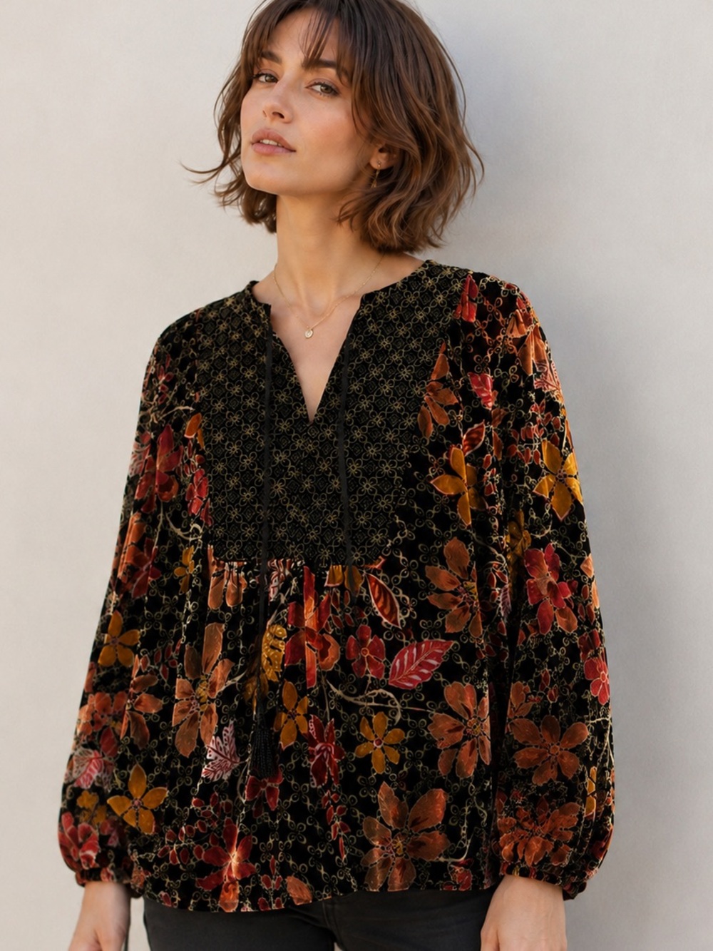 Johnny Was Velvet Silk Jasmoon Flore Beaded Tassel Oversized Top Size S Gorgeous